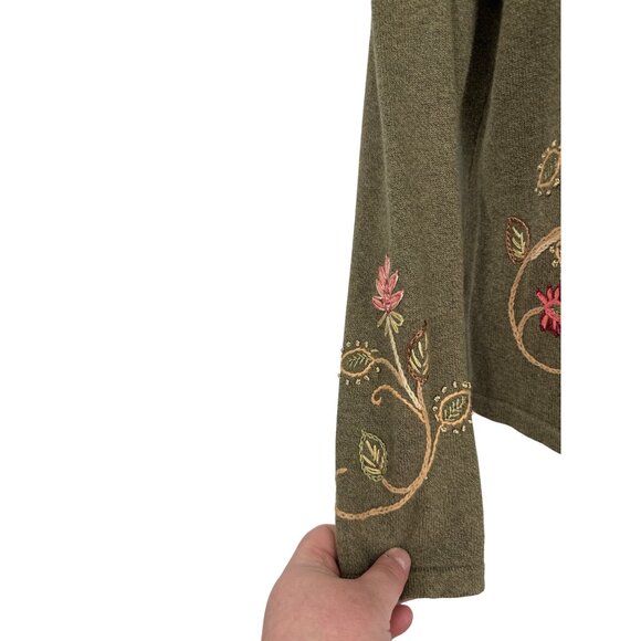 Talbots Floral Embroidered Button-Up Olive Green Long Sleeve Cardigan SizeM - Picture 5 of 11
